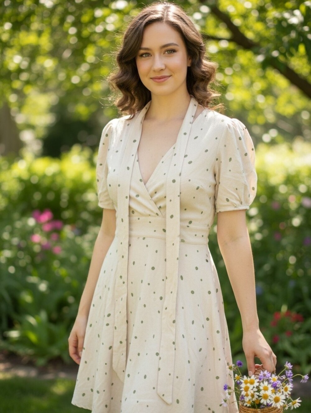 Free People Cream Mini Dress with Green Polka Dots